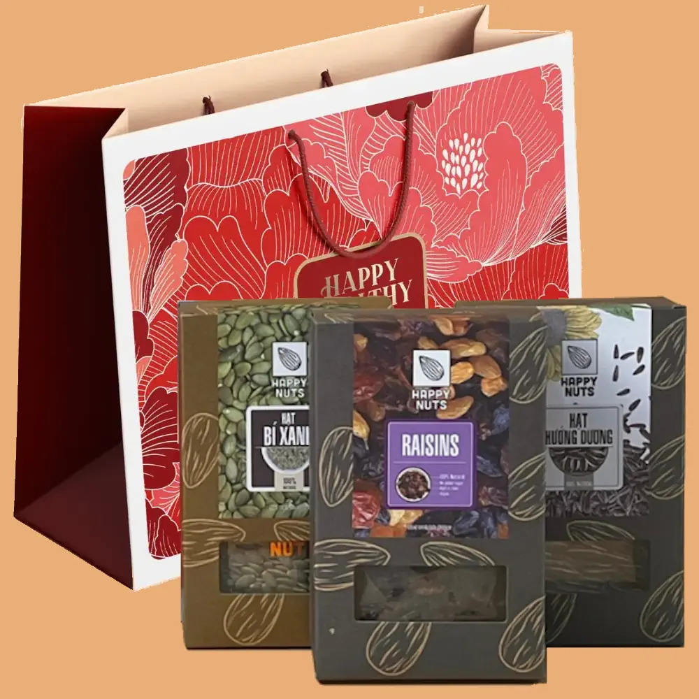 Hộp Quà Tết Happy Nuts 2024 - Combo May Mắn 3 (kèm Túi) - Droppii Mall