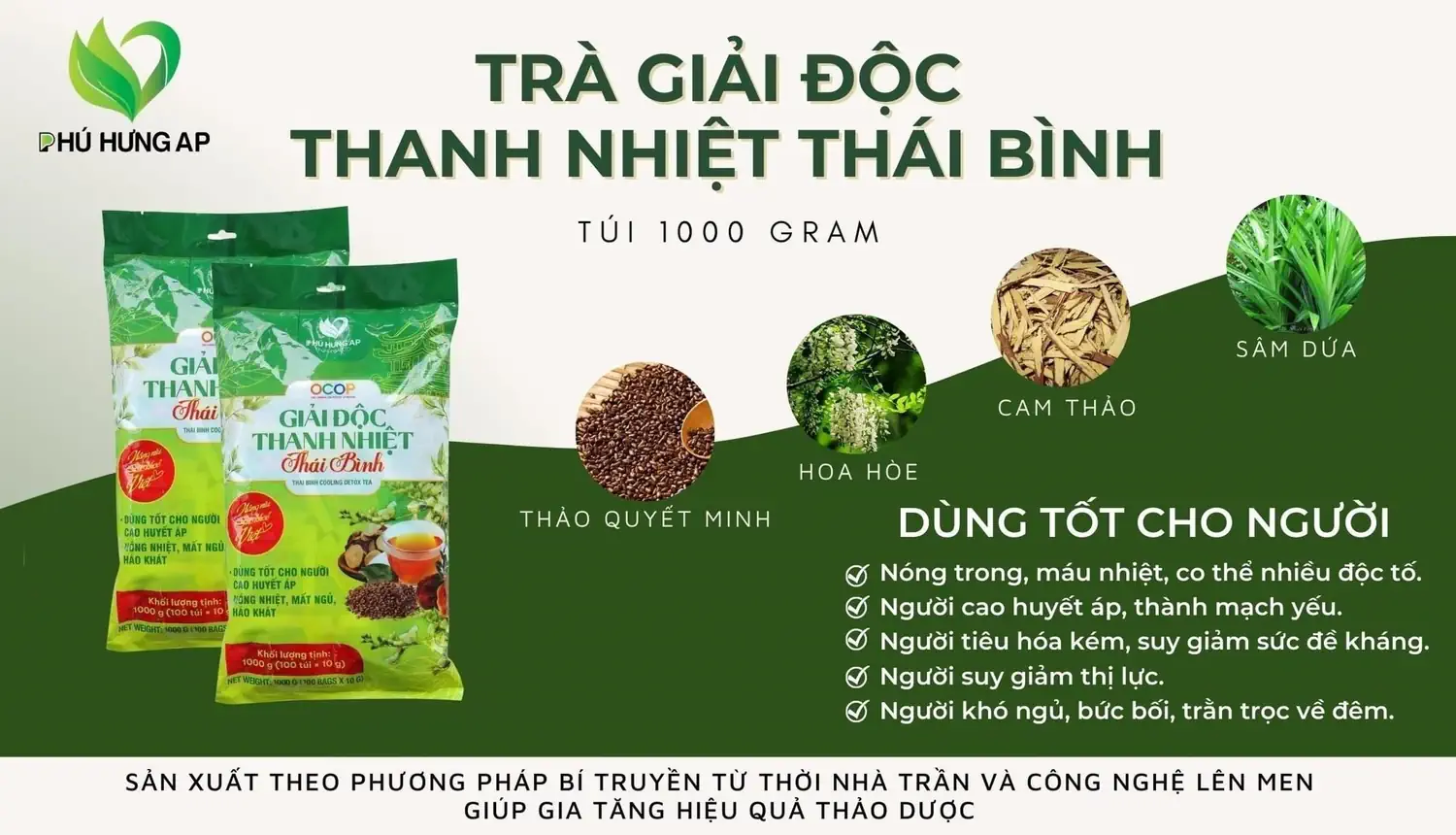Thành phần và công dụng Trà Giải Độc Thanh Nhiệt Thái Bình 1Kg Phú Hưng AP chính hãng giá tốt - 1shop.com.vn