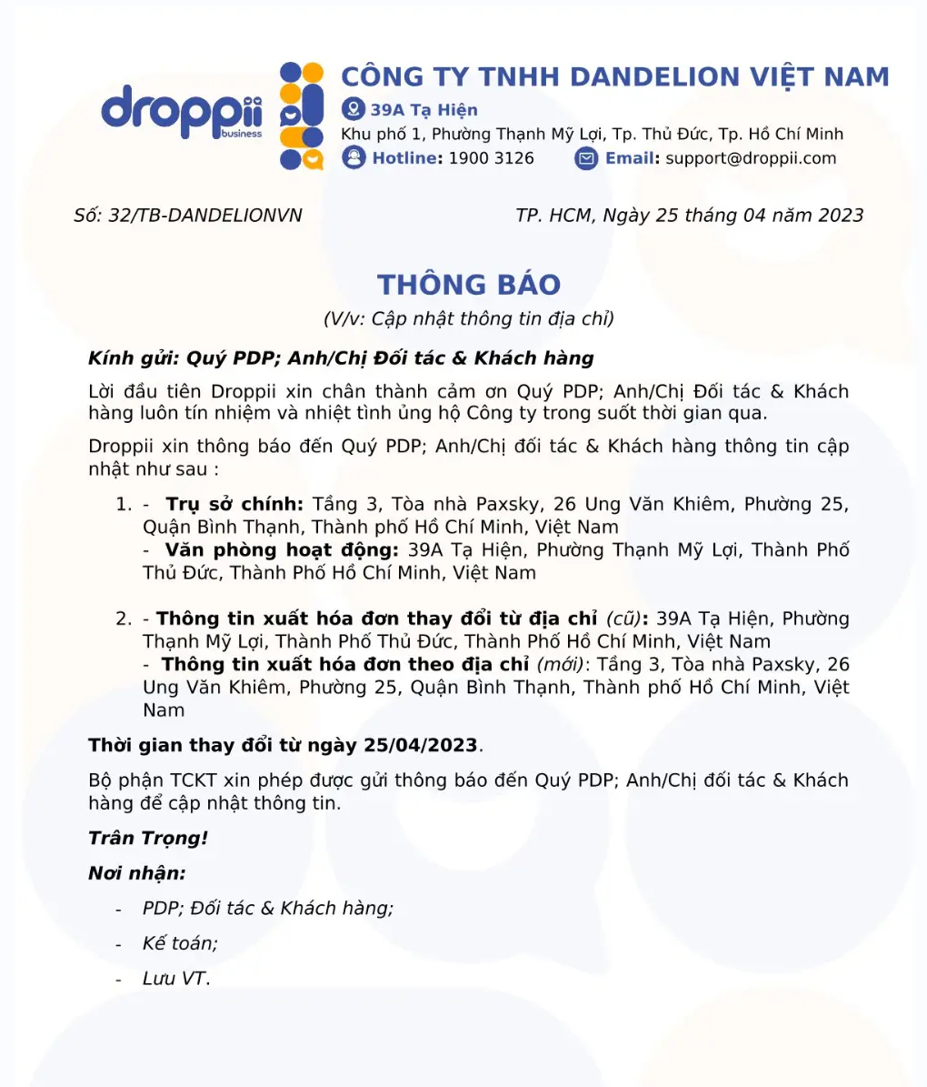 Thông báo đổi địa chỉ trụ sở chính Droppii - 1shop.com.vn