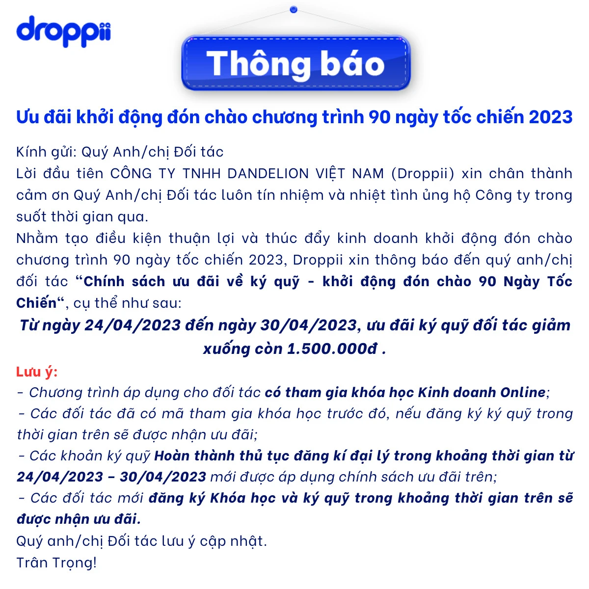 Ưu đãi ký quỹ đối tác Droppii tháng 4.2023 - 1Shop.com.vn