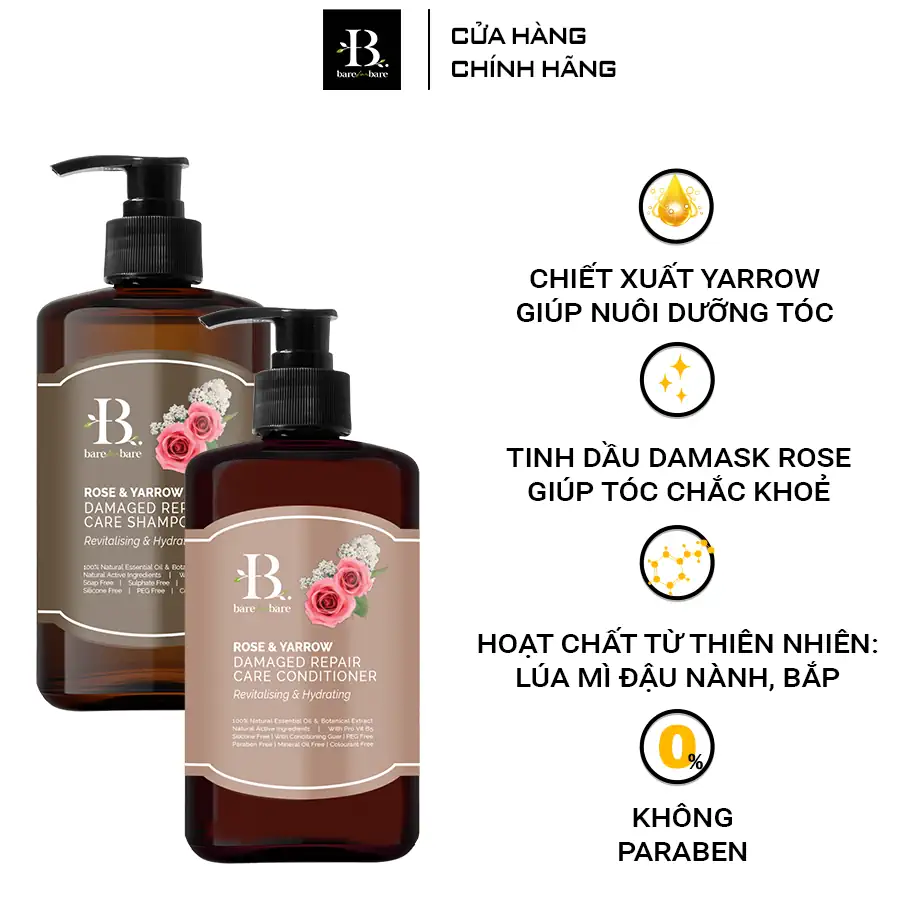 Dầu gội + Dầu xả Bare For Bare - Phục hồi tóc hư tổn 300ml x 2 chai - 1shop.com.vn