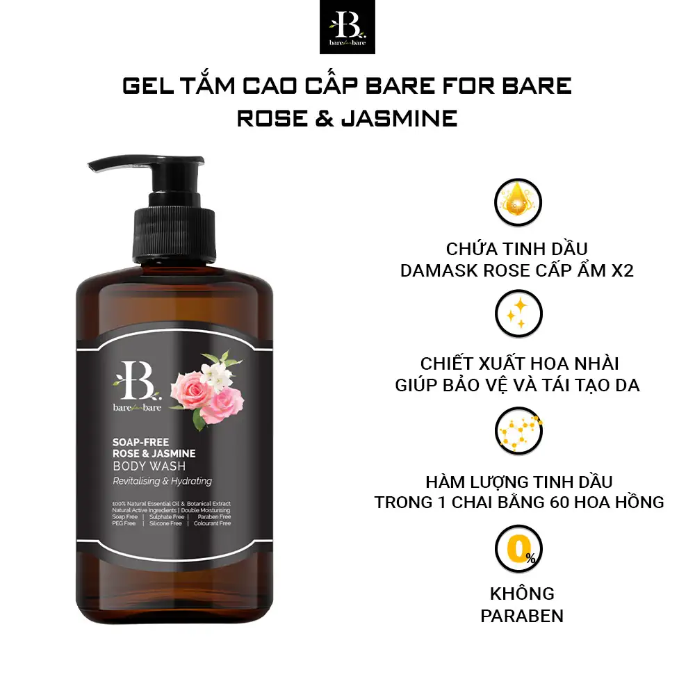 Gel tắm dưỡng ẩm Bare For Bare - Rose & Jasmine (phục hồi & dưỡng ẩm) - 1shop.com.vn