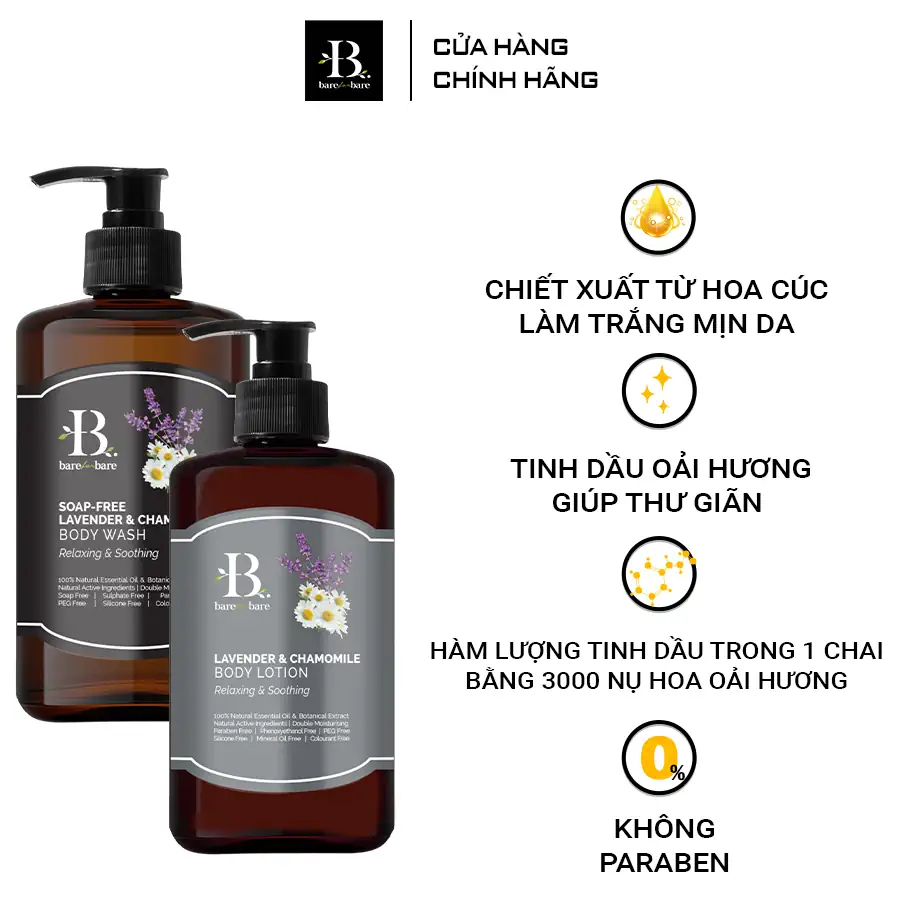 Ưu điểm Bộ chăm sóc cơ thể Lavender & Chamomile chính hãng giá tốt - Cấp ẩm thư giãn và làm dịu Bare for Bare - 1shop.com.vn