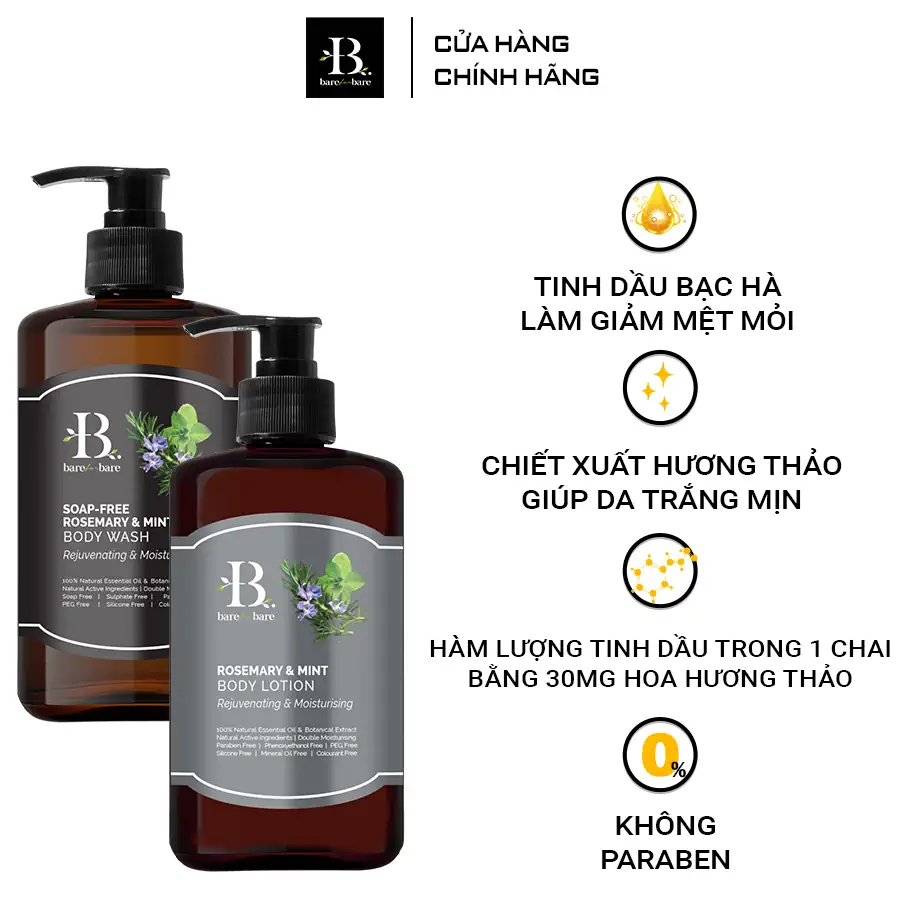 Ưu điểm Bộ chăm sóc cơ thể Rosemary & Mint - Dưỡng ẩm và trẻ hóa Bare for Bare chính hãng giá tốt - 1shop.com.vn