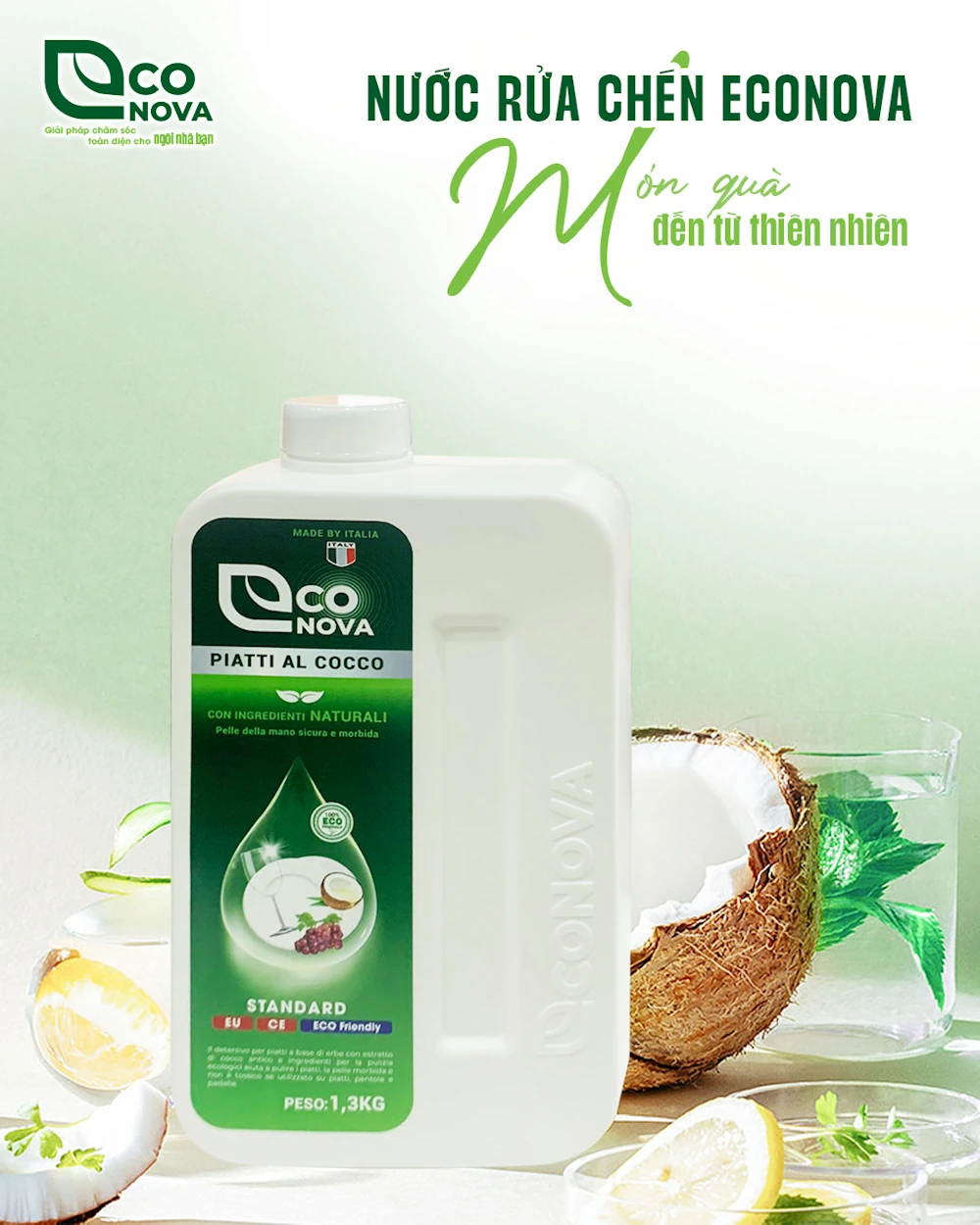 Nước Rửa Chén Thảo Mộc Dừa Già Econova Piatti Al Cocco Món Quà Từ Thiên Nhiên - Phú Thái - 1shop.com.vn
