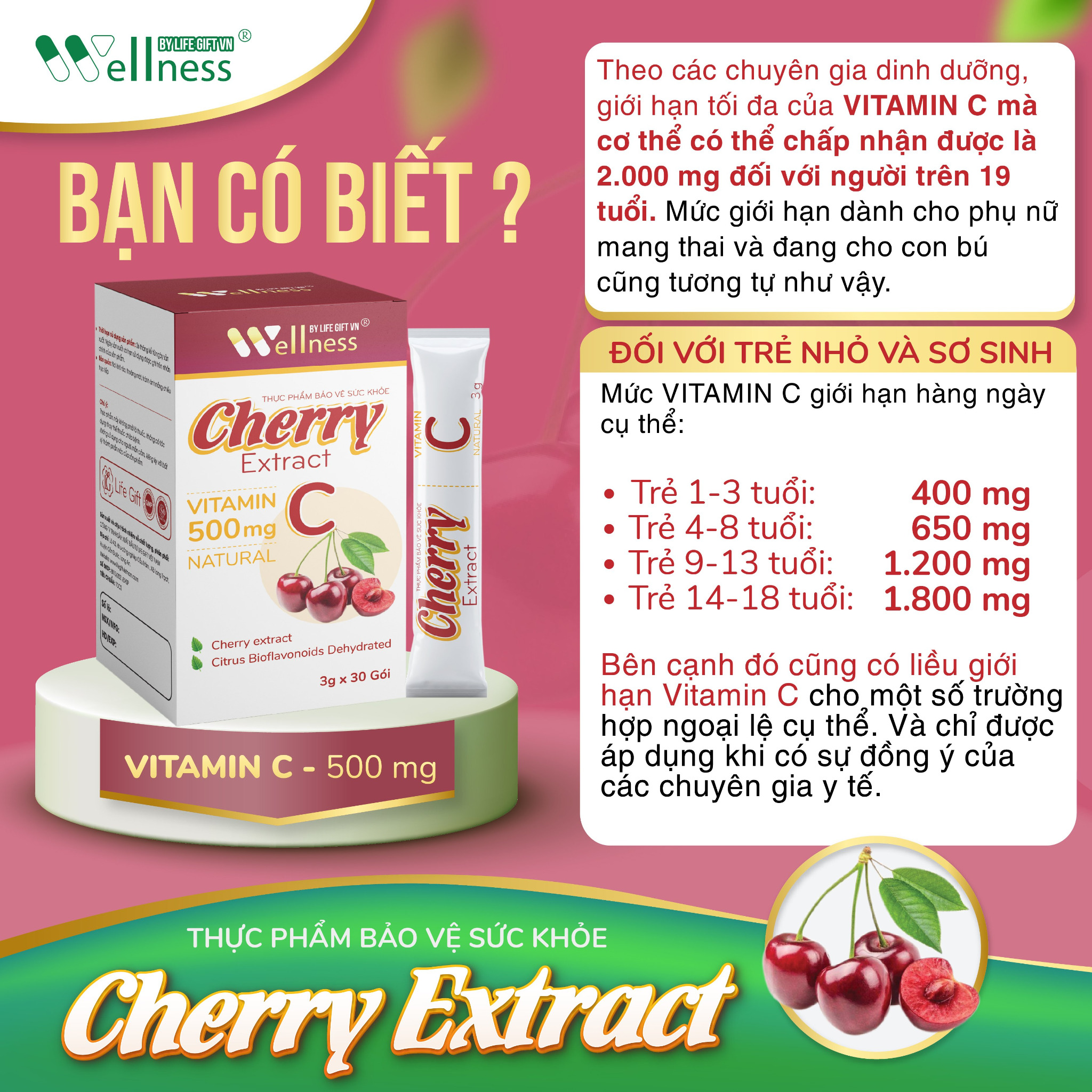 Thực phẩm bảo vệ sức khỏe Cherry Extract Vitamin C – Hàm lượng Vitamin C cần thiết cho từng lứa tuổi - 1shop.com.vn