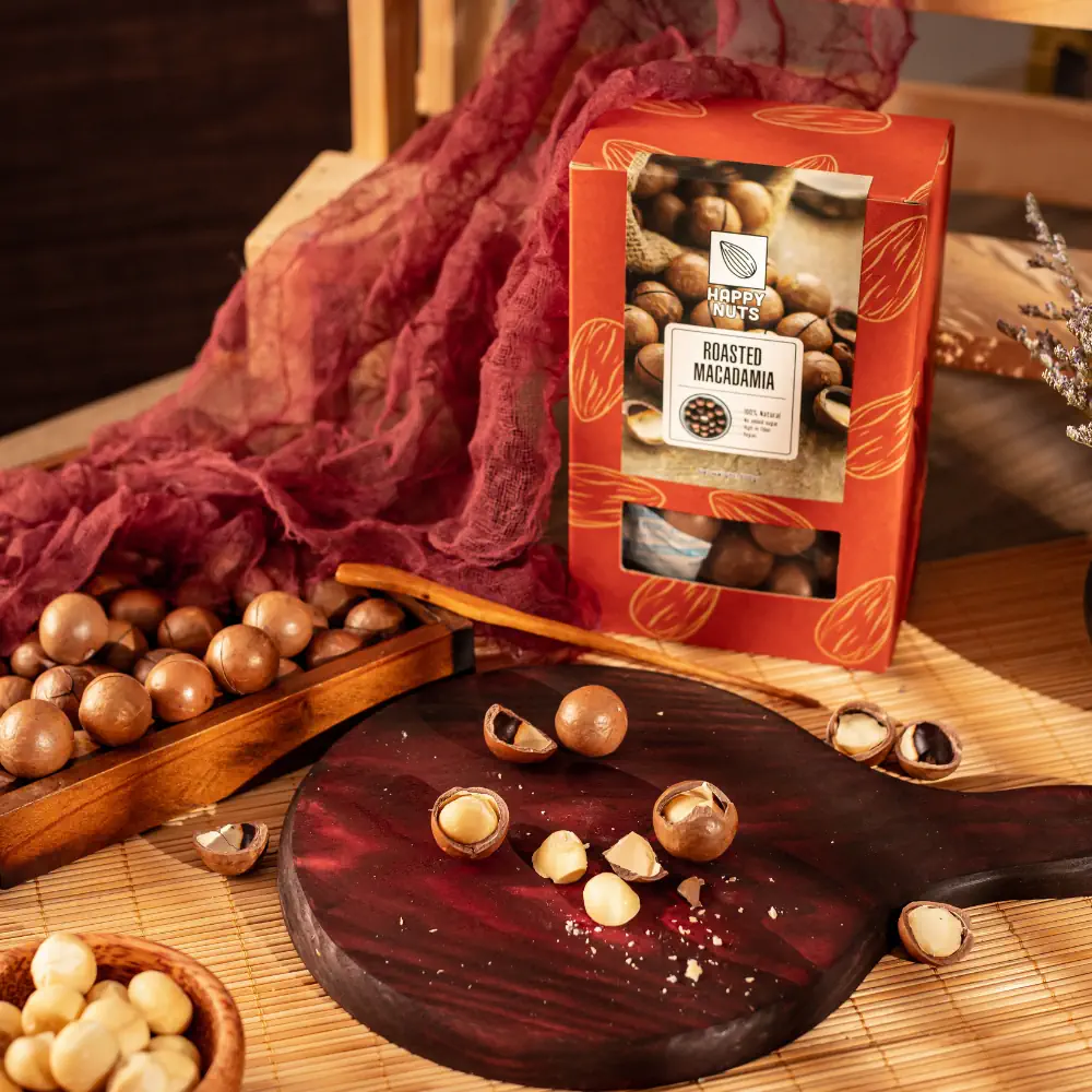 Hạt Macca Úc Happy Nuts Việt Nam 500g Rang Nứt Vỏ - Droppii Mall
