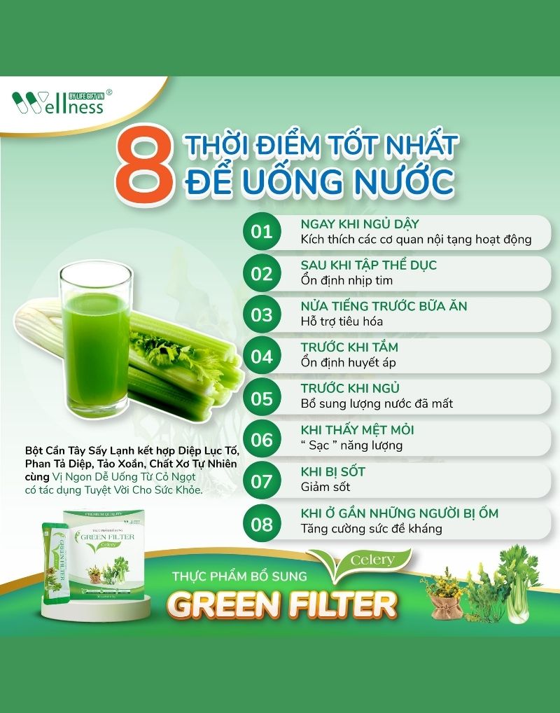 8 thời điểm tốt nhất để uống nước Cần tây – diệp lục Green Filter Celery thanh lọc thải độc - 1shop.com.vn