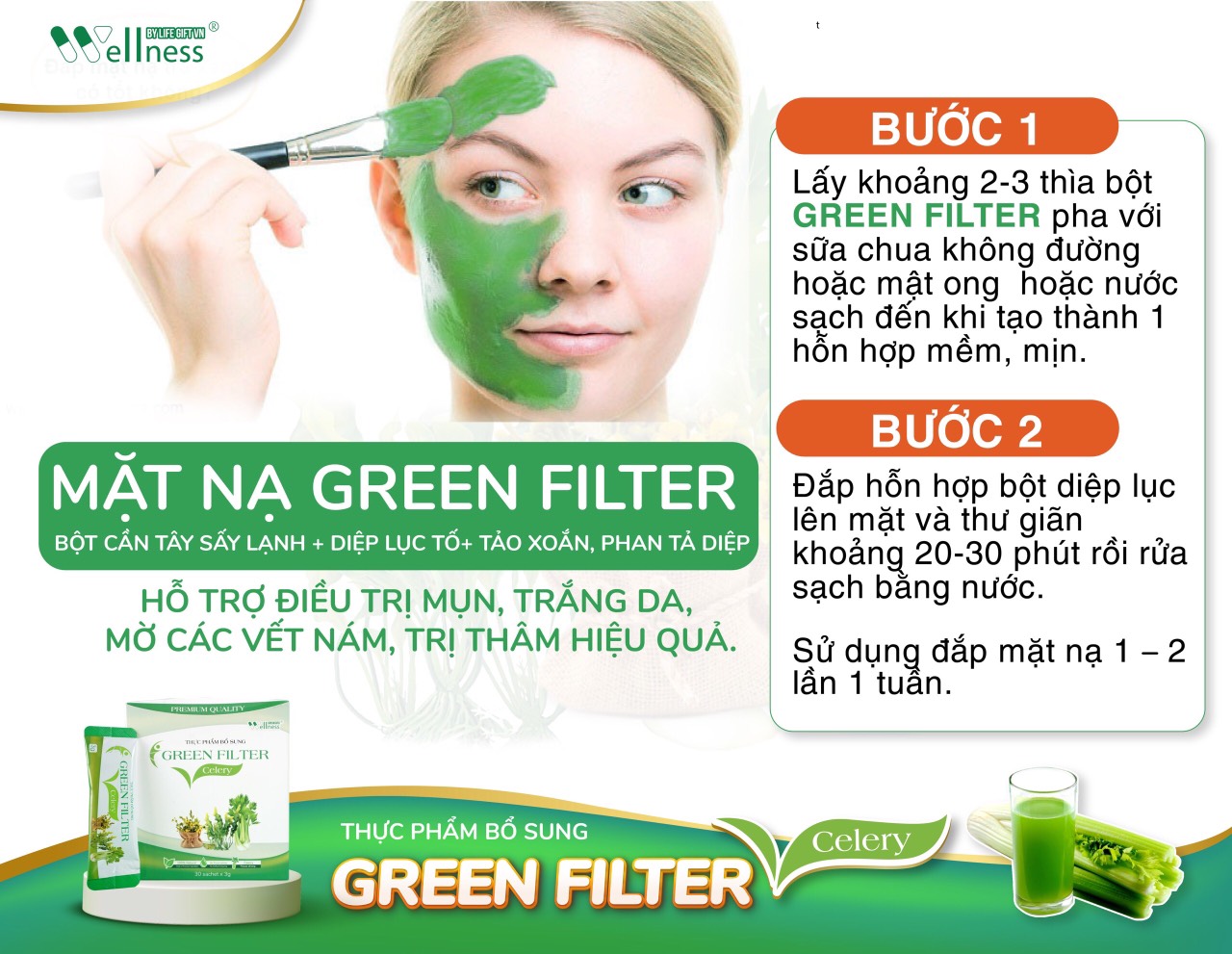 Thực Phẩm Bổ Sung Bột Cần Tây Sấy Lạnh Diệp Lục Green Filter Celery có thể dùng làm mặt nạ đắp mặt - 1shop.com.vn