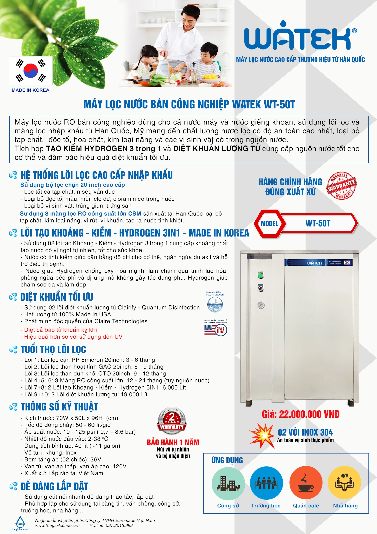 Thông Tin Máy Lọc Nước Bán Công Nghiệp Watek 50 Lít 1 Giờ, Model Wt-50t, Gồm Vỏ Tủ Inox
