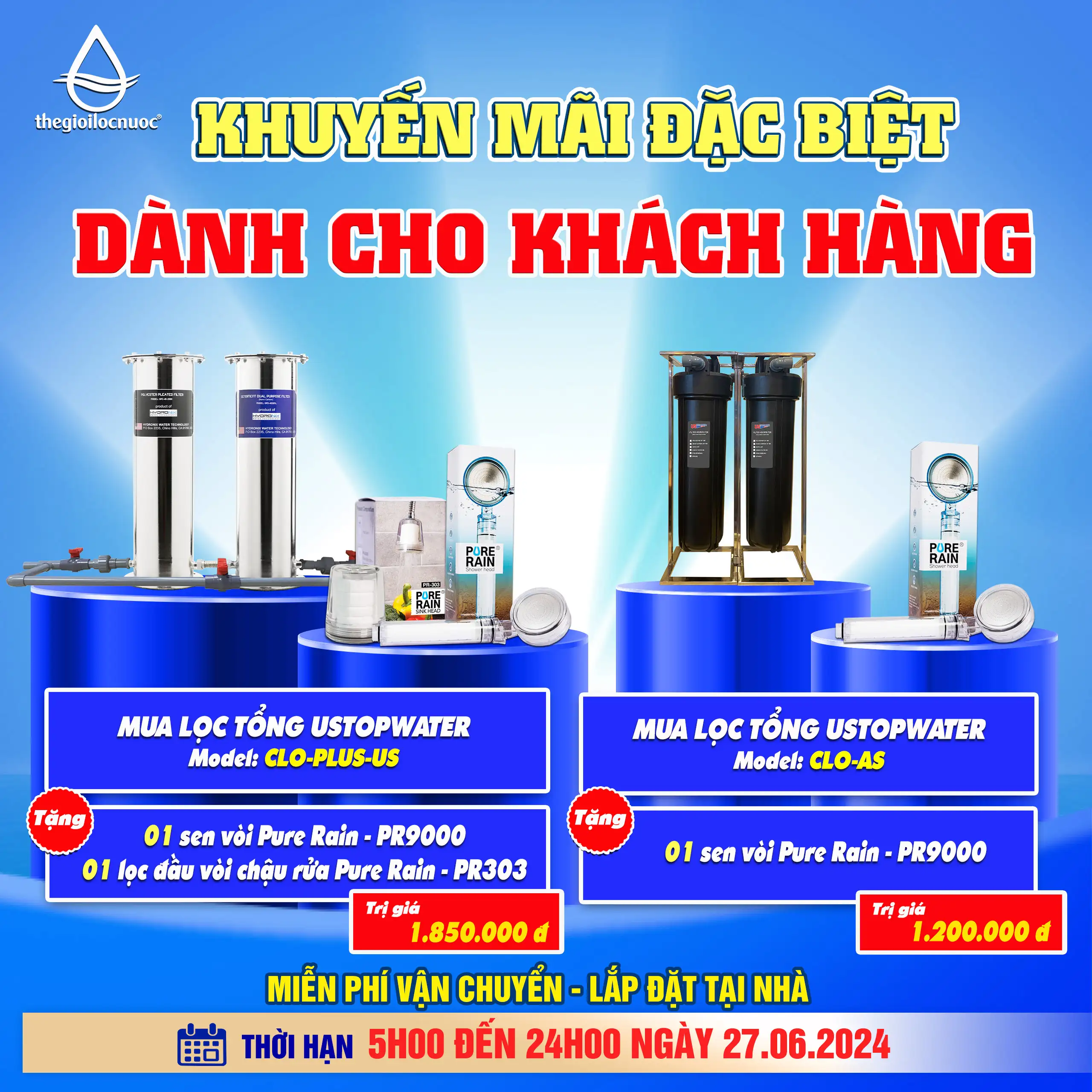 Tặng bộ quà tặng [Mua 1 Bộ lọc tổng Mỹ USTOPWATER, model: Clo-Plus-US]